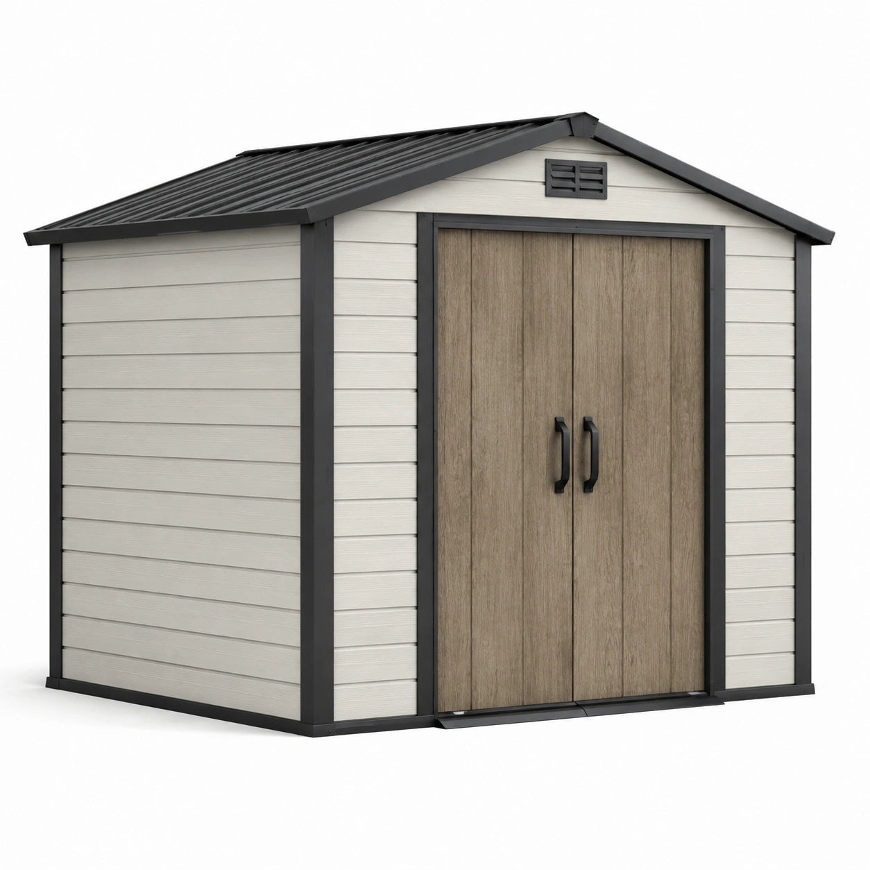 Abri de jardin en résine avec toit double pente et portes doubles 185x152x226 cm gris/marron