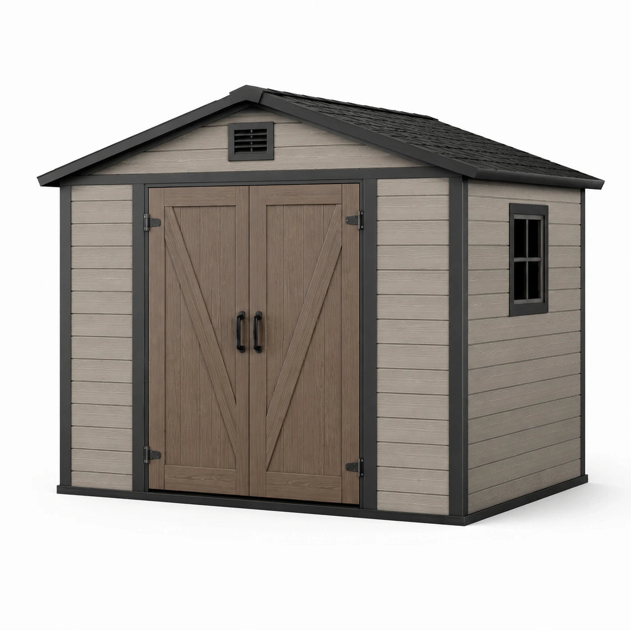 Abri de jardin en résine avec double porte et fenêtre marron/gris