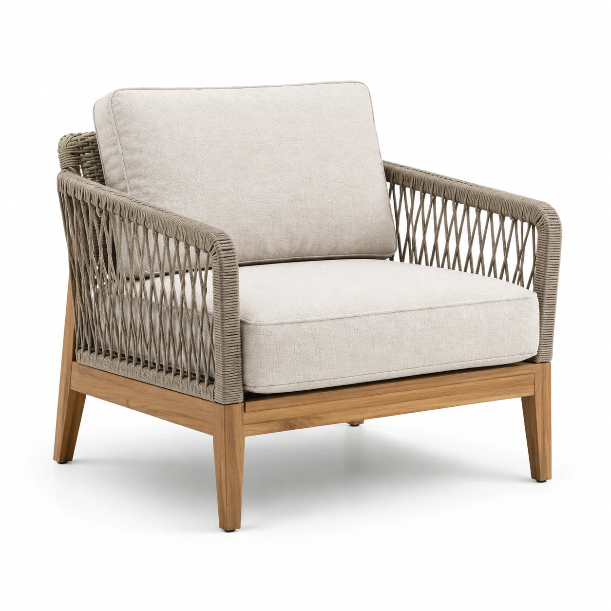 Fauteuil extérieur en bois de teck et corde beige
