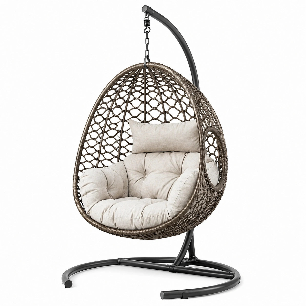 Fauteuil suspendu en rotin synthétique avec coussin en polyester beige et support en acier