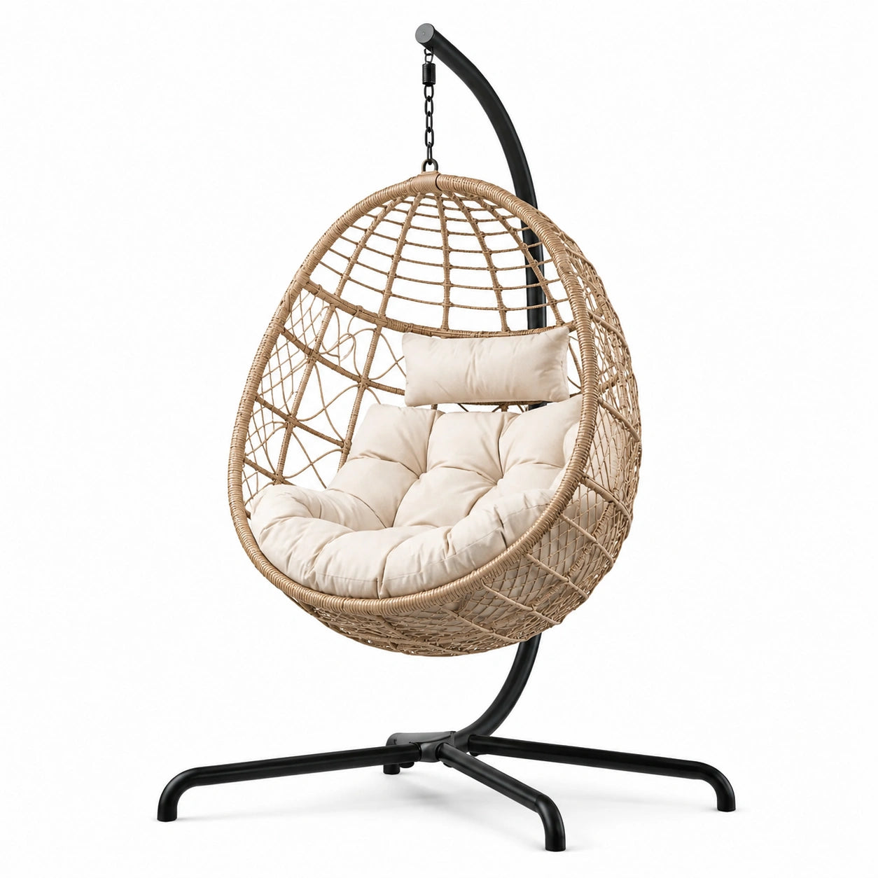 Chaise suspendue en rotin avec structure en métal et coussins beiges