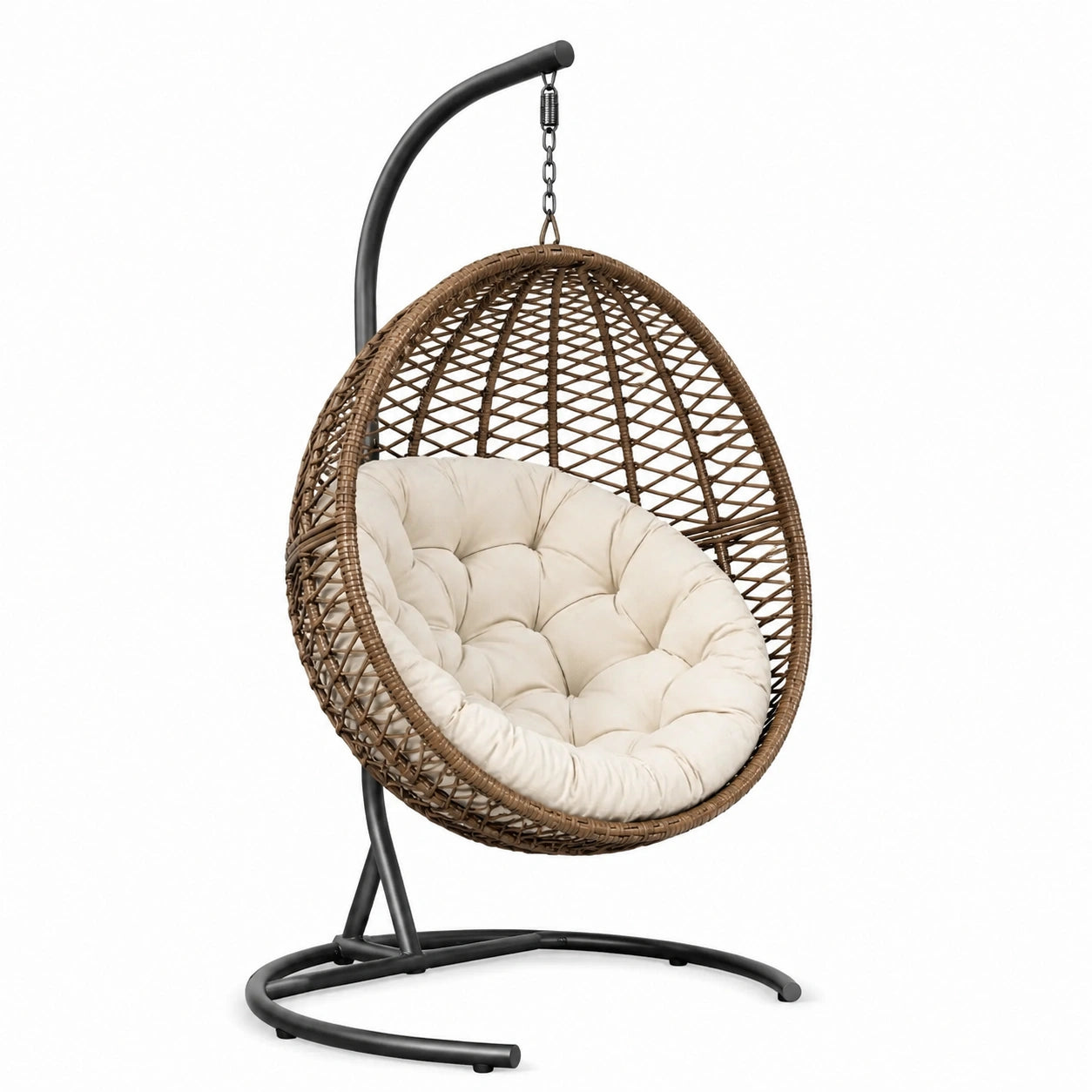 Fauteuil suspendu en rotin coussin beige structure en acier 120 kg