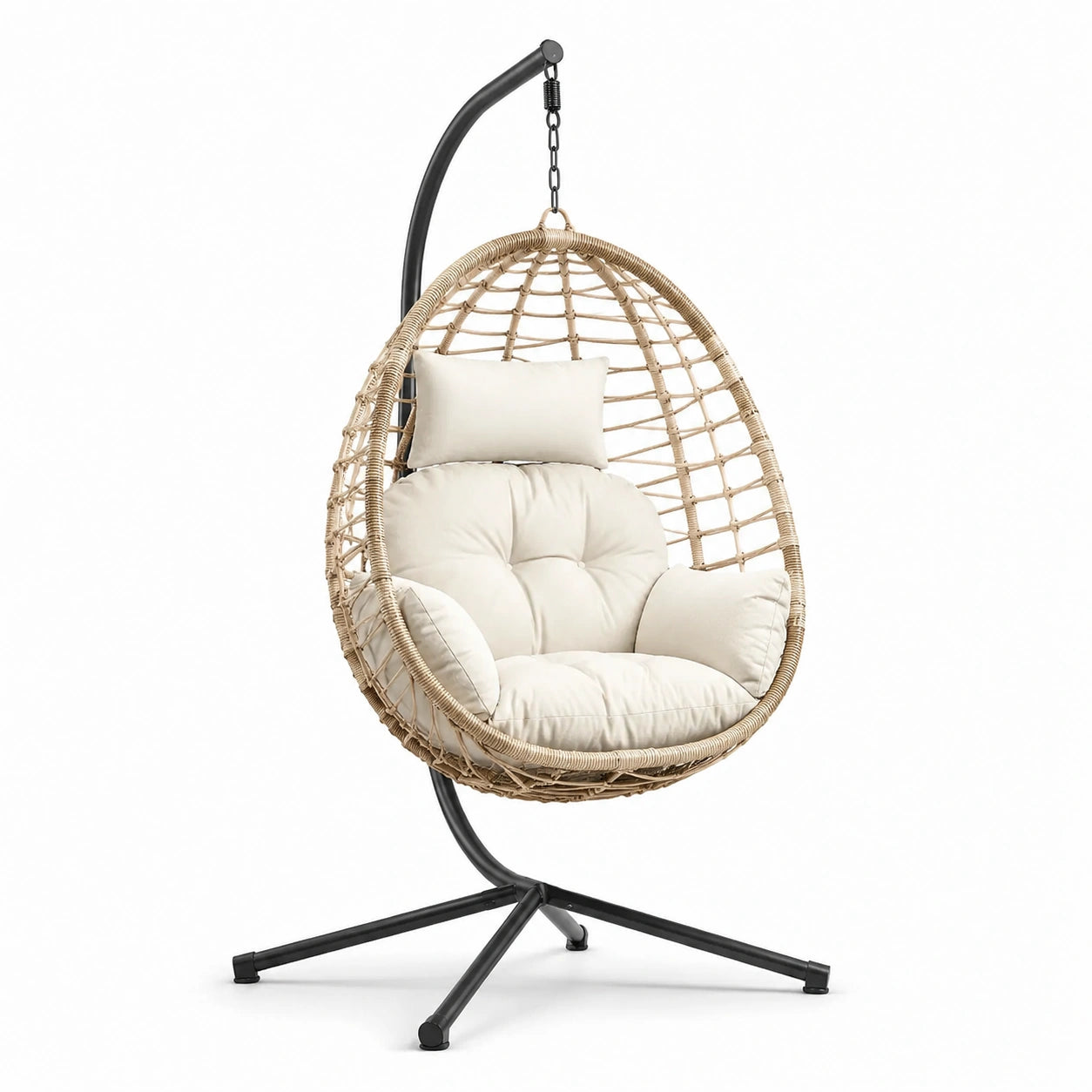 Chaise suspendue en rotin synthétique avec coussins polyester beige