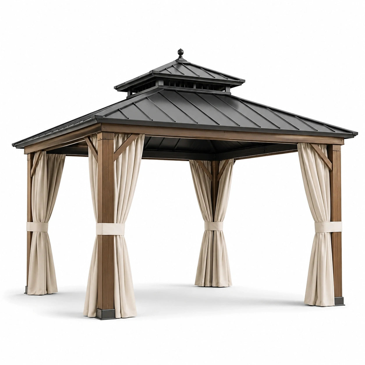 Pavillon de jardin en bois avec toit en métal et rideaux beige