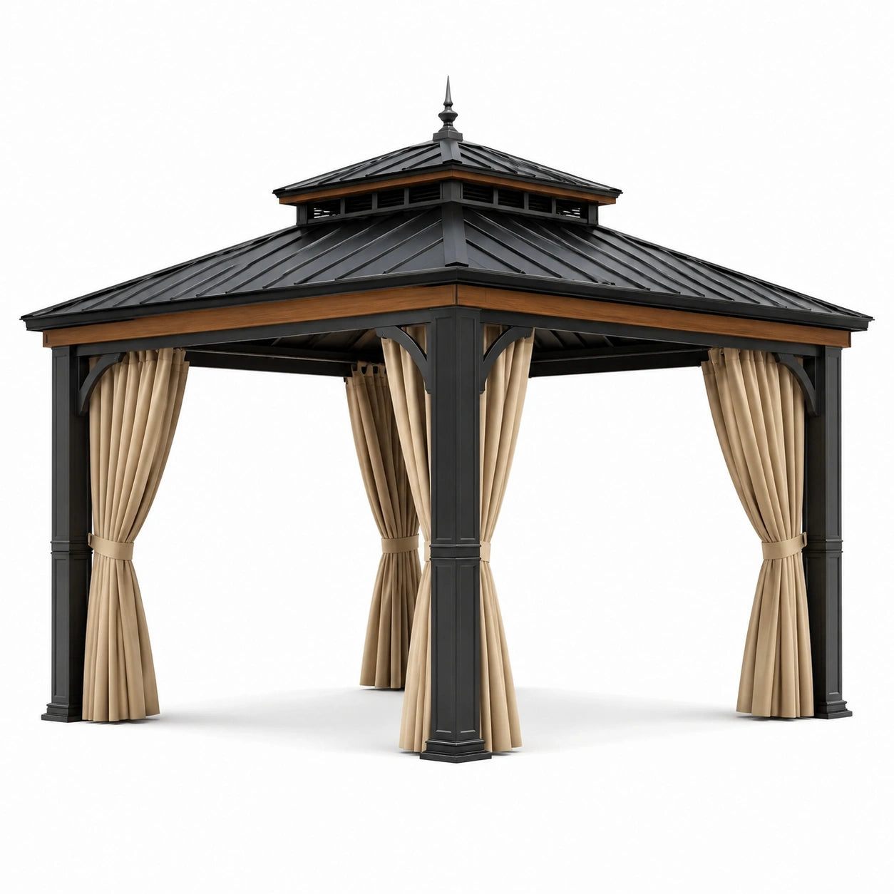 Pavillon de jardin en aluminium et acier avec rideaux en polyester beige