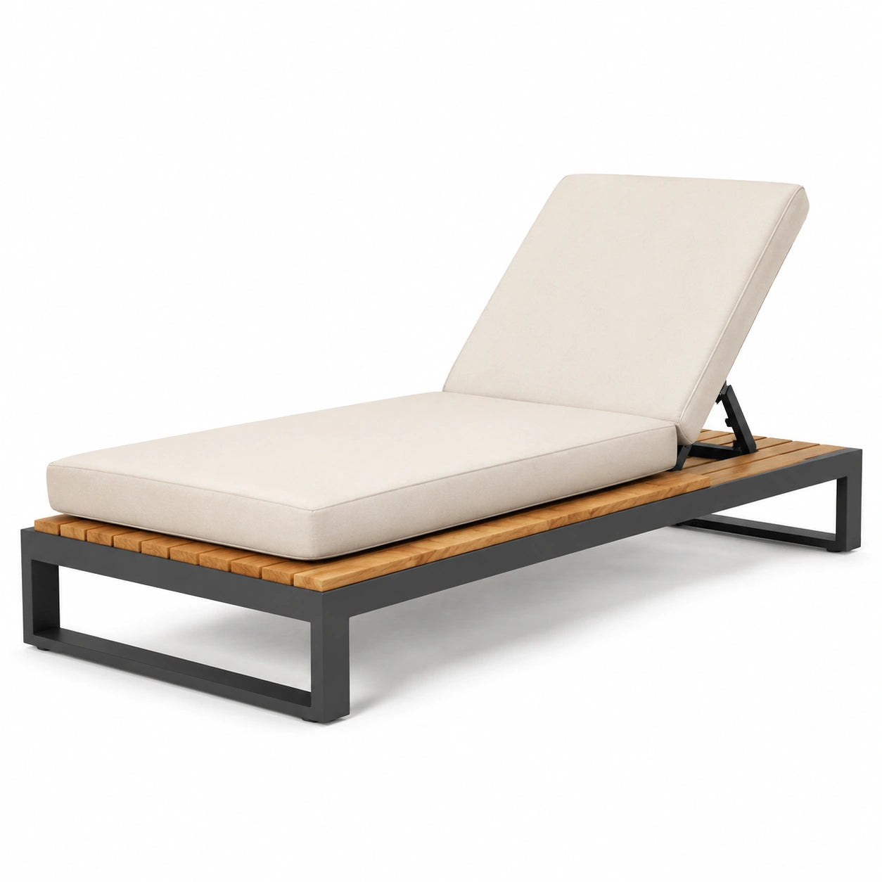 Chaise longue extérieure en teck et aluminium avec coussin beige 200 cm