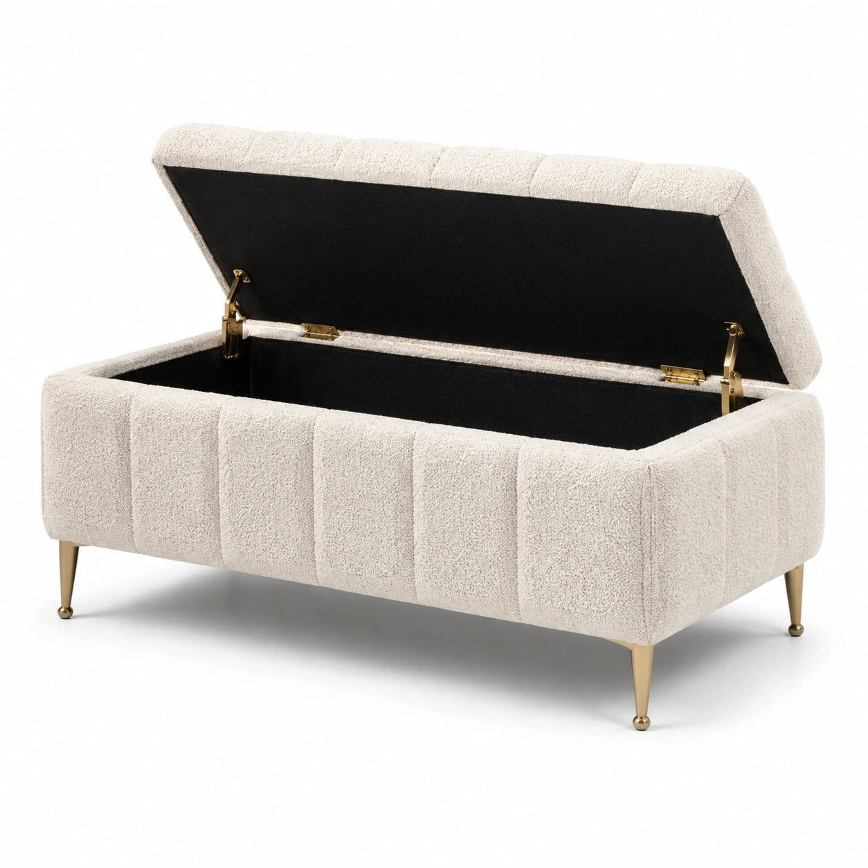 Banc de rangement en tissu bouclé avec pieds métalliques dorés crème 120x40x42cm