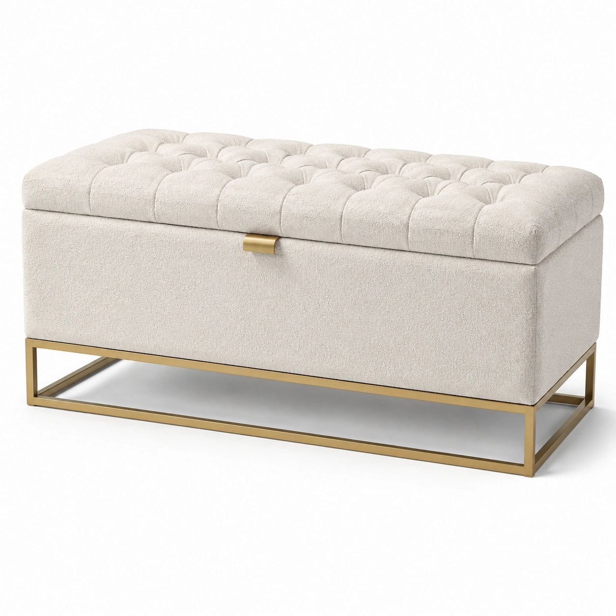 Banc de rangement en tissu beige avec structure en métal doré
