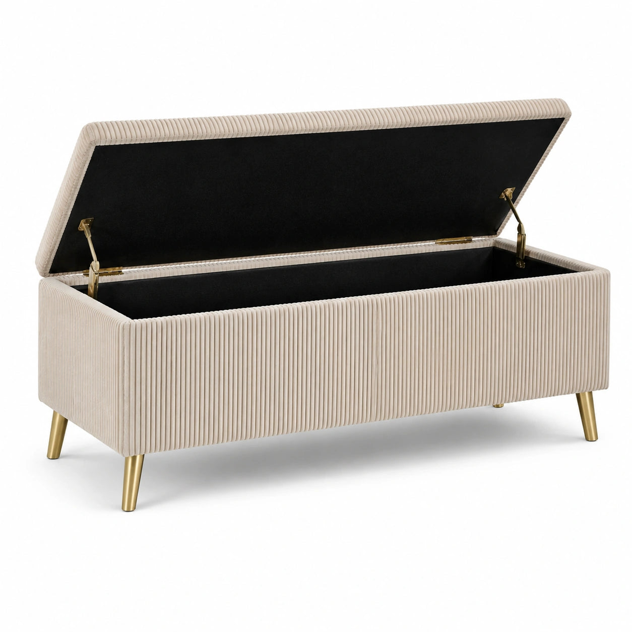 Banc de rangement en velours beige avec pieds en métal doré