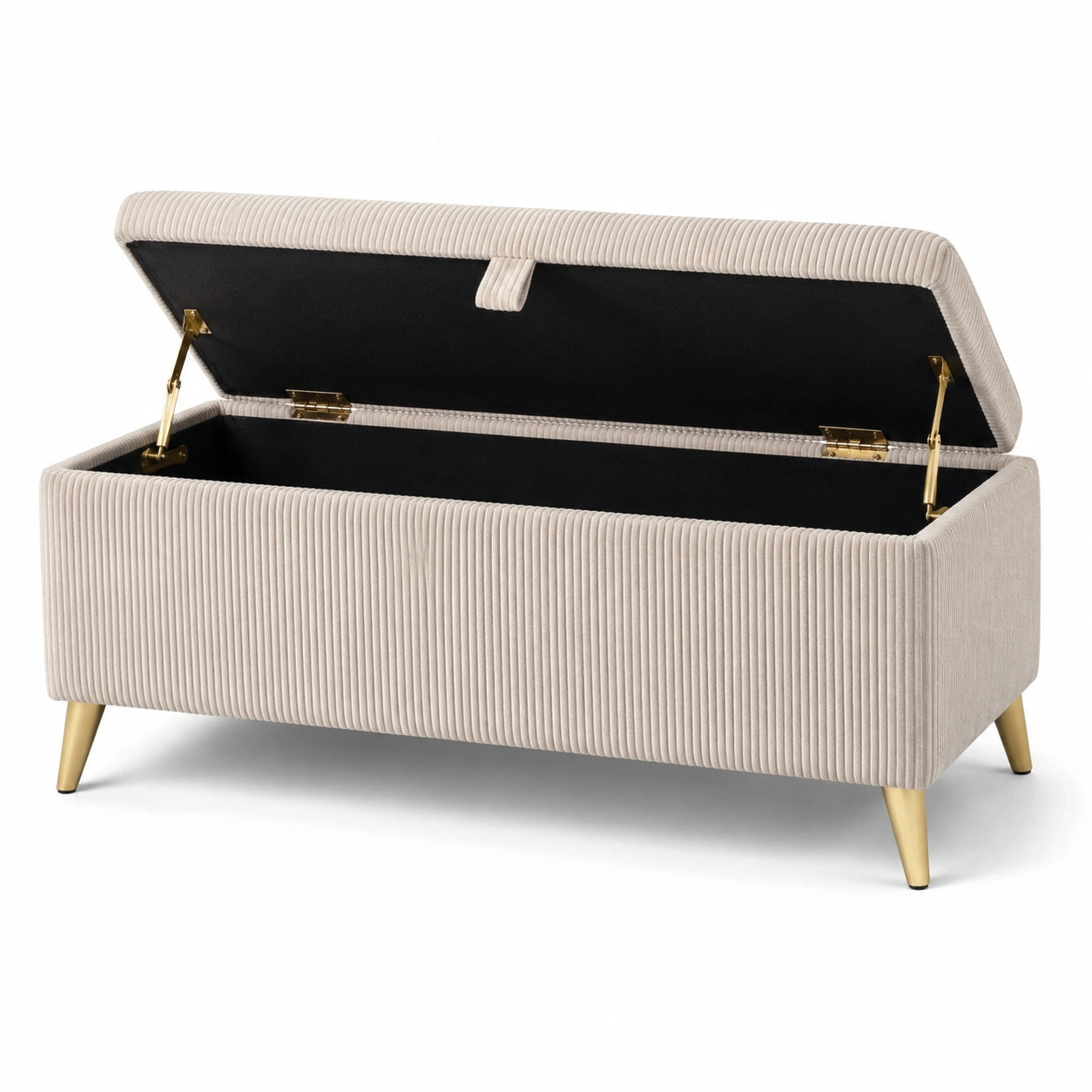 Banc de rangement beige en tissu côtelé avec pieds en métal doré