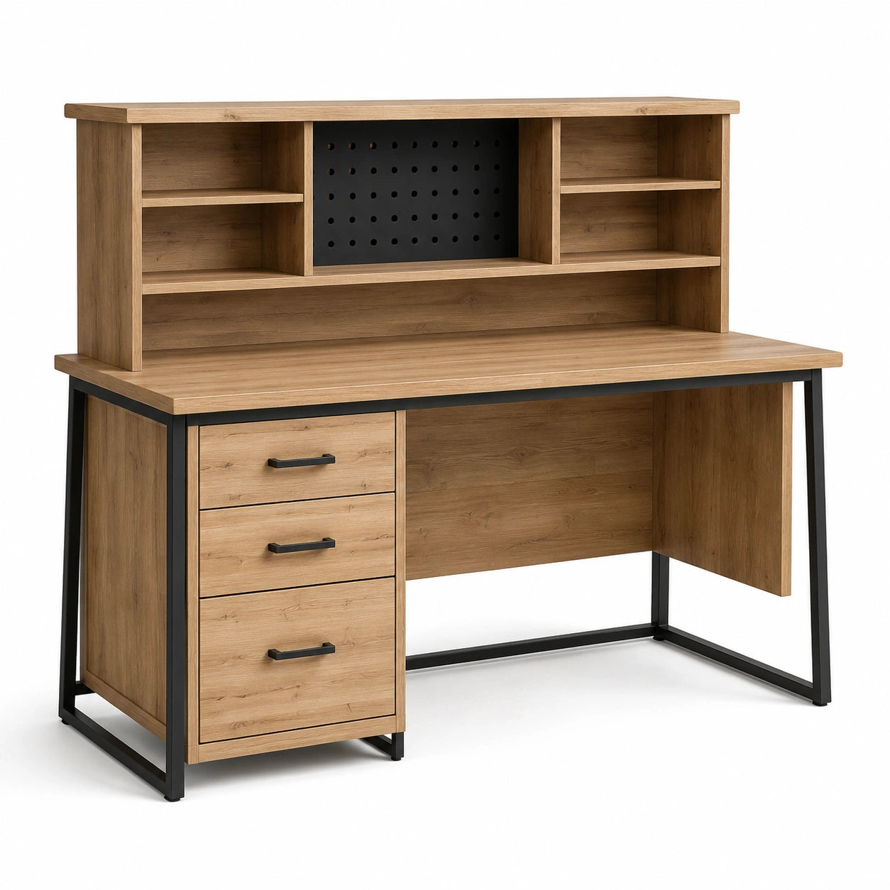Bureau en bois et métal avec étagères et tiroirs