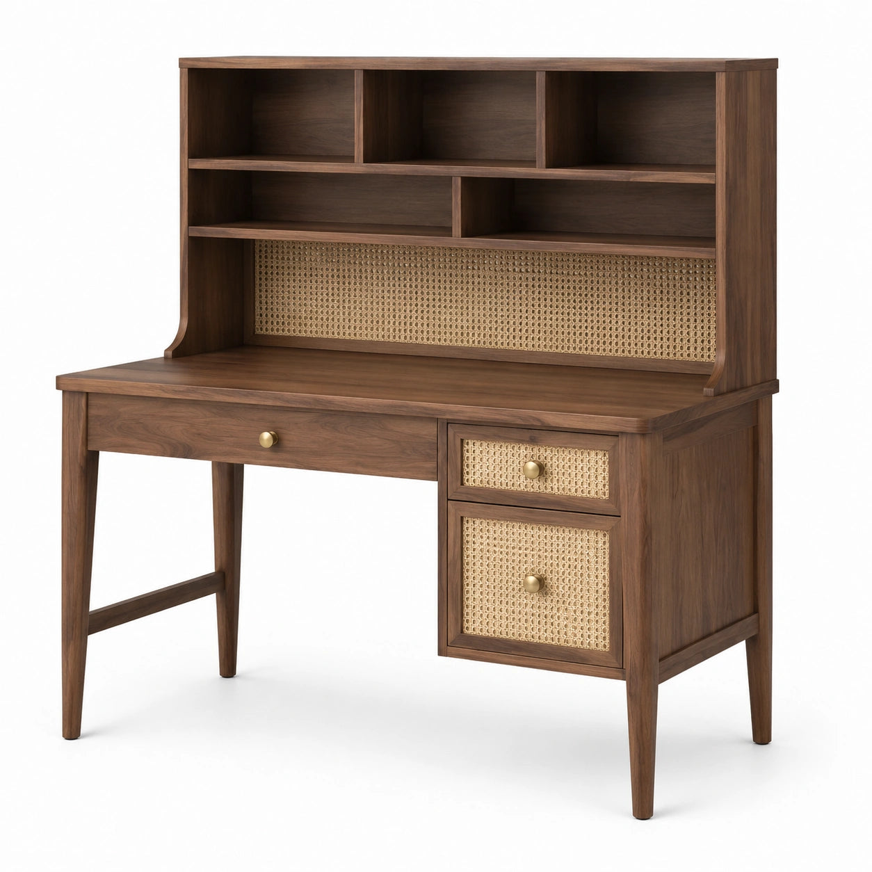 Bureau en bois de noyer avec rotin