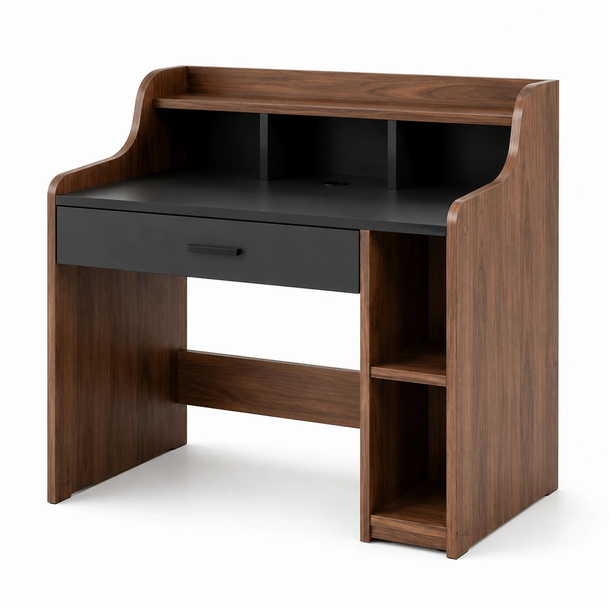 Bureau en bois plaqué noyer avec tiroir en MDF noir