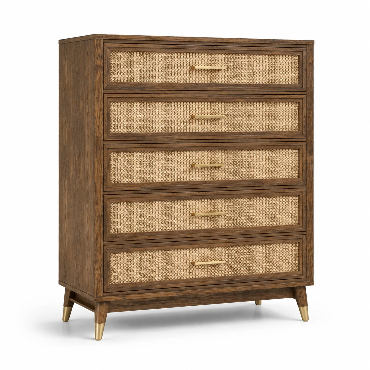 Commode en bois avec façades en rotin 5 tiroirs chêne et métal