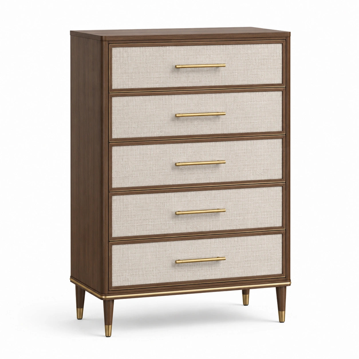 Commode en bois avec tiroirs en lin beige et métal doré