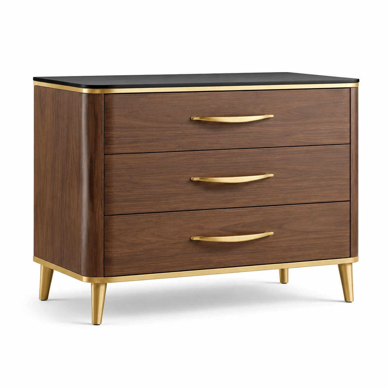 Commode en bois de noyer avec poignées dorées et plateau noir 90x40x80 cm