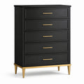 Commode haute 5 tiroirs bois noir avec pieds et poignées en métal doré
