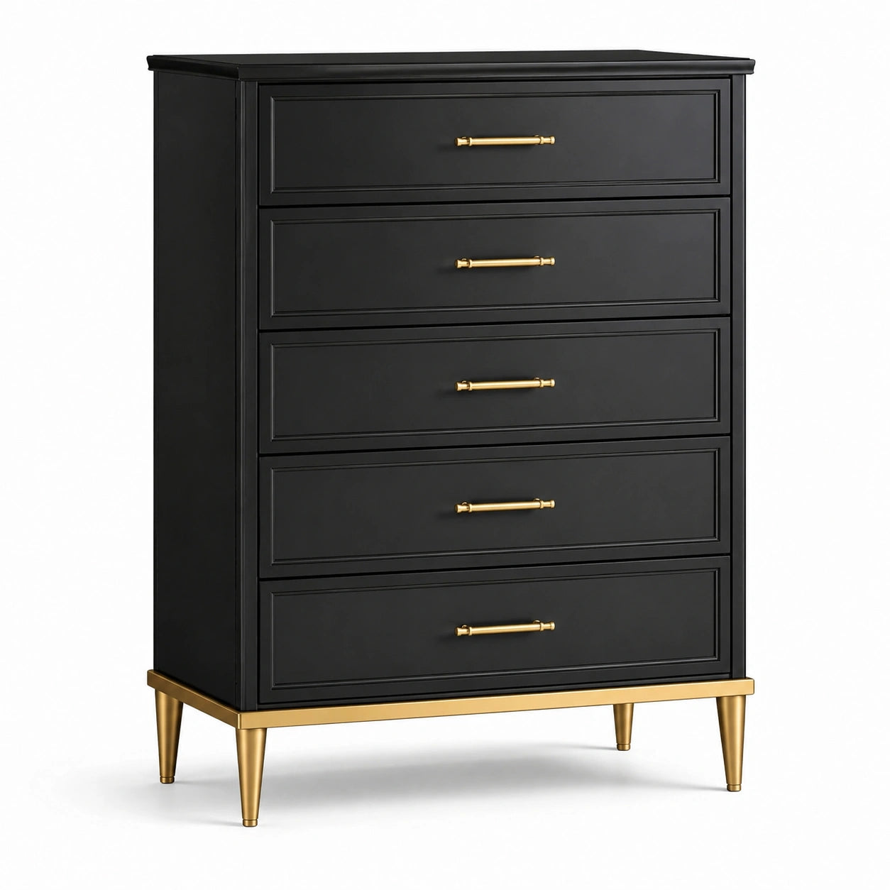 Commode haute 5 tiroirs bois noir avec pieds et poignées en métal doré